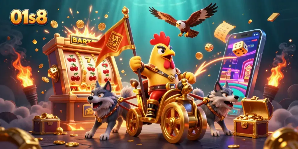 Players enjoy thrilling jackpots and casino gaming with 01s8 in this vibrant 3D illustration.