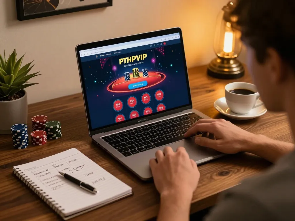 Player engaged in strategic gambling on PHPVIP online casino, showcasing laptop interface with betting strategies.