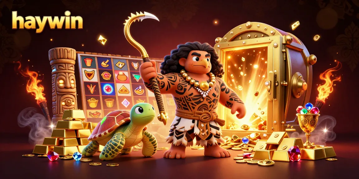 Engage in the thrilling world of haywin with a vibrant 3D casino scene featuring a Polynesian demigod and treasures.