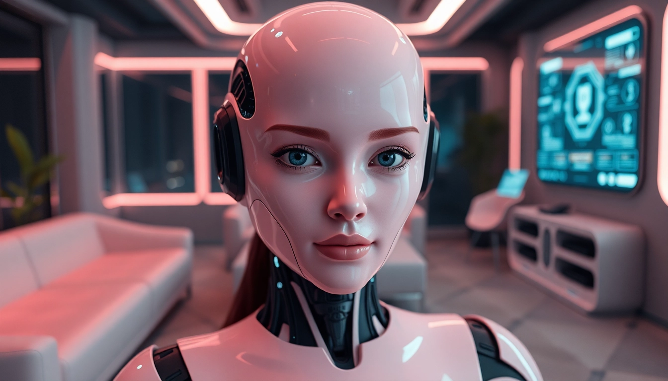 Advanced humanoid sex bot designed with AI, showcasing expressive features in a futuristic setting.