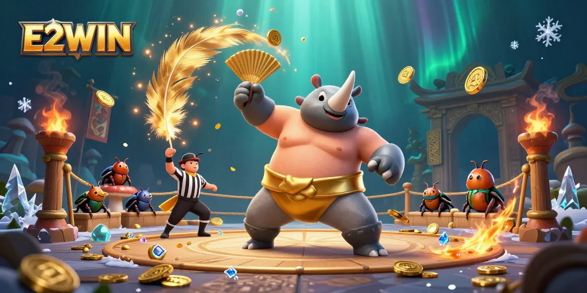 E2WIN showcases a vibrant 3D scene with a rhinoceros beetle sumo champion amidst flying coins, capturing the thrill of online gambling.