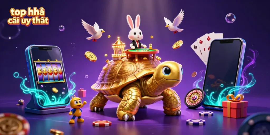 Engage with top nhà cái uy tín in a vibrant 3D casino illustration featuring a golden tortoise and a rabbit dealer.