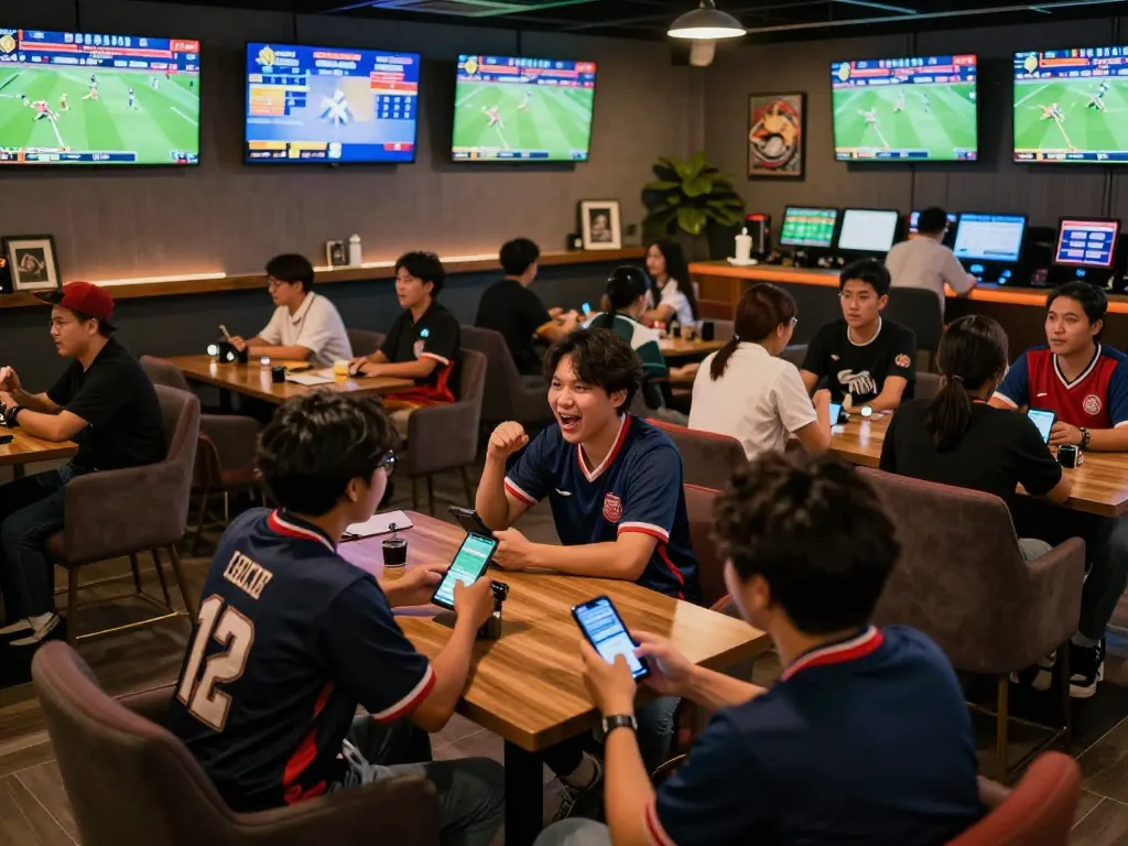 Experience the thrill of kèo nhà cái with fans engaging in live sports betting at a modern lounge.