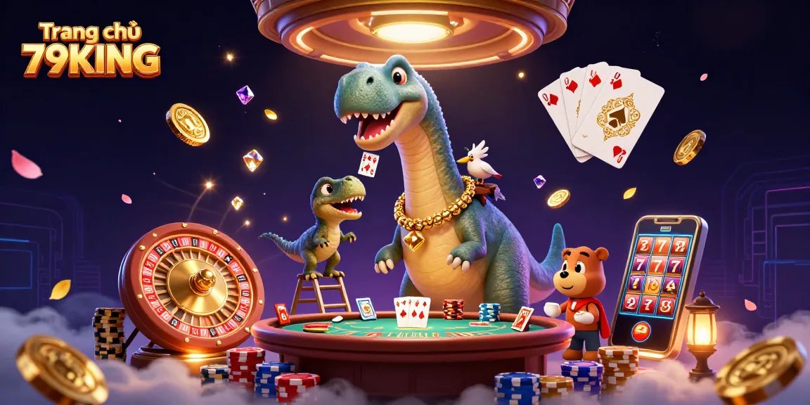 Experience the excitement of Trang chủ 79KING with a vibrant casino scene featuring dinosaurs and dynamic gaming elements.
