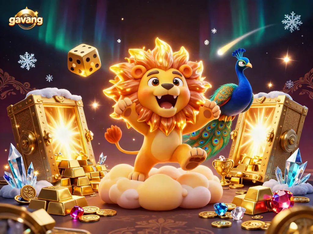 Gavang sports betting platform boasting excitement with dazzling golden dice, catching energy from a roaring sun lion amidst glimmering treasures.