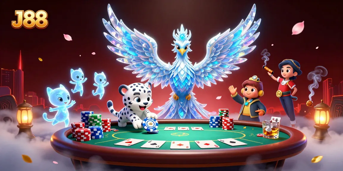 Engage in thrilling games at J88 casino, featuring a vibrant scene of poker and animated characters.