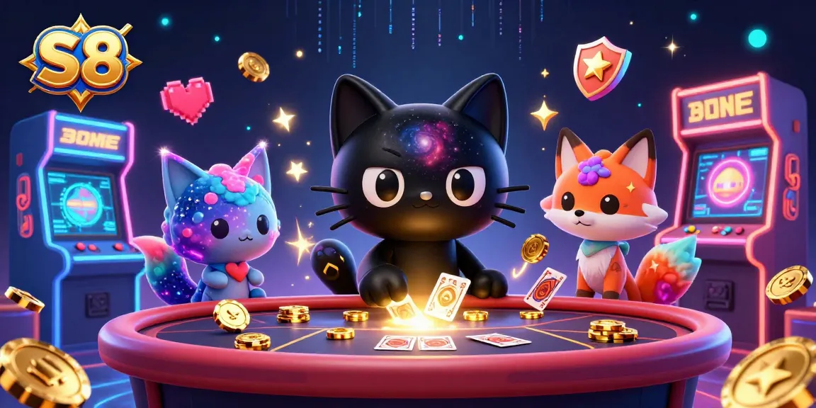 S8's cosmic casino scene features a black hole cat with a galaxy pattern enticing players with golden chips and cards.