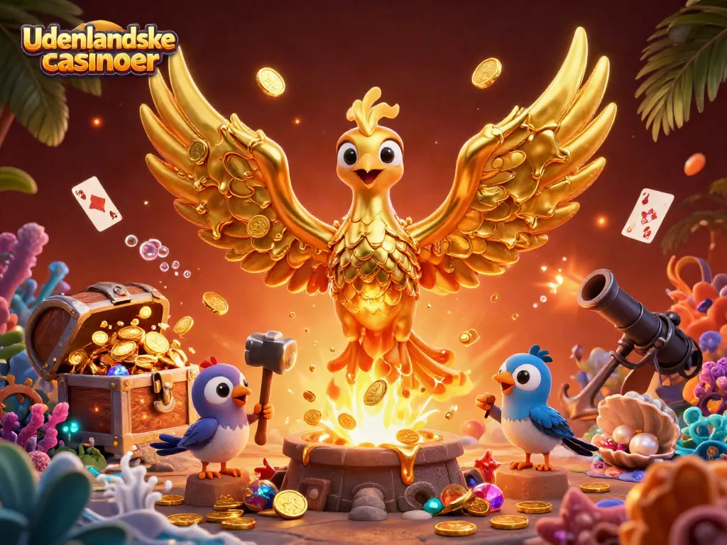 Engaging illustration of udenlandske casinoer showcasing a molten golden phoenix and sparrow assistants amidst treasures and casino elements.