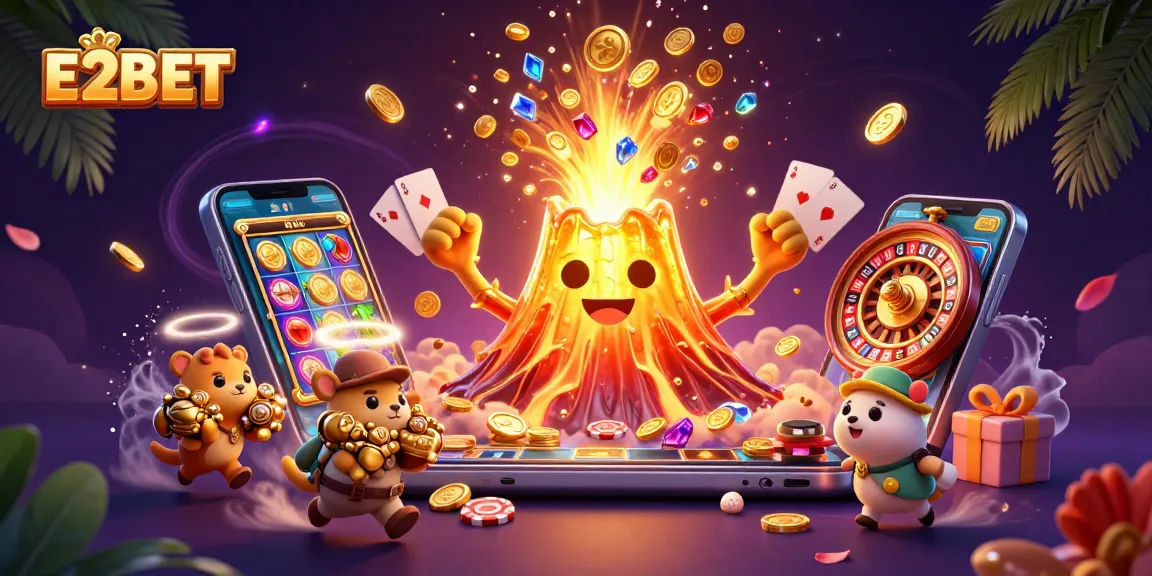 E2BET's thrilling casino experience with golden volcano and vibrant gaming elements