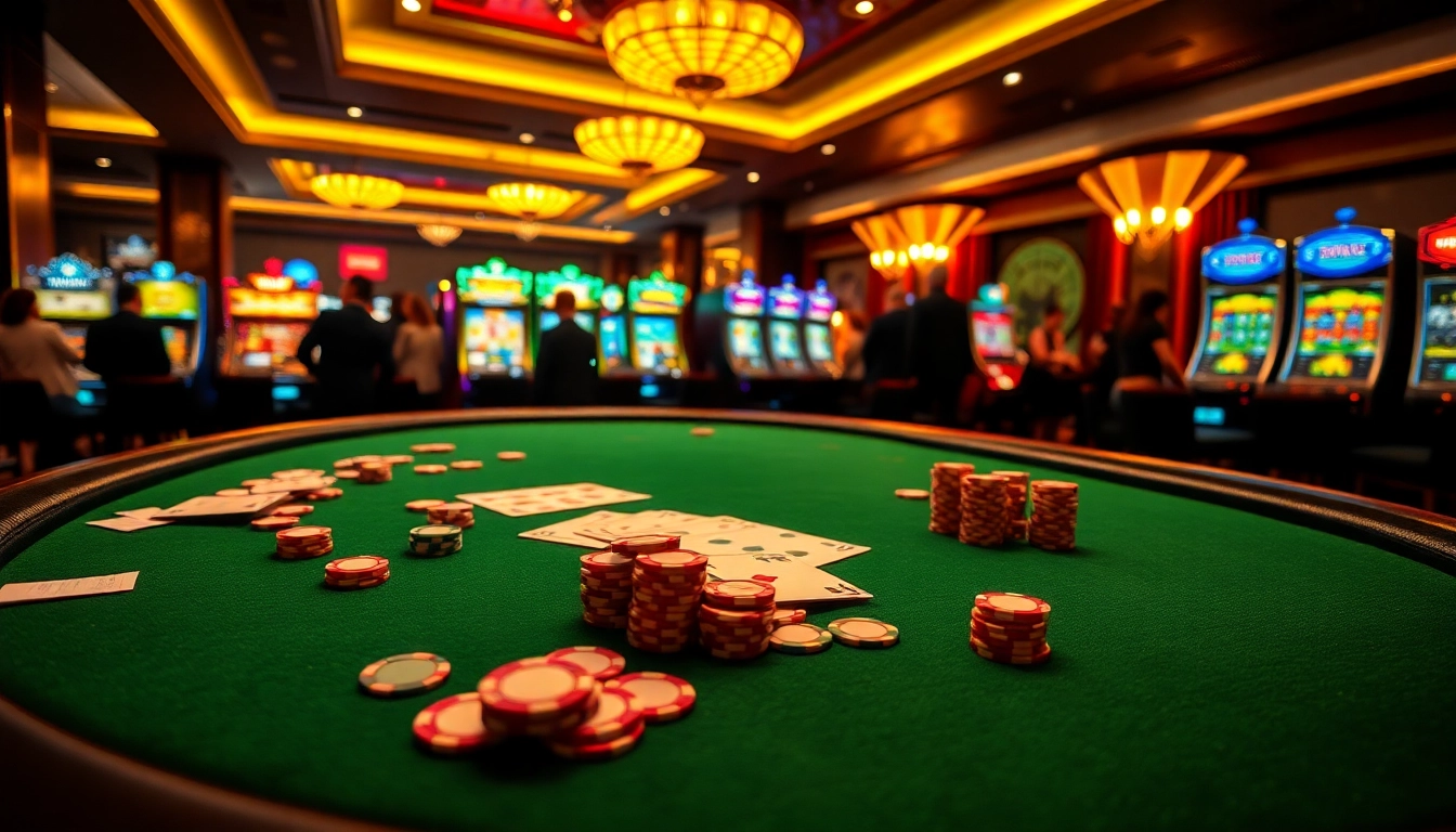 Enjoying an exciting game at nhà cái xo88 with vibrant poker tables and colorful slot machines in a luxurious casino setting.