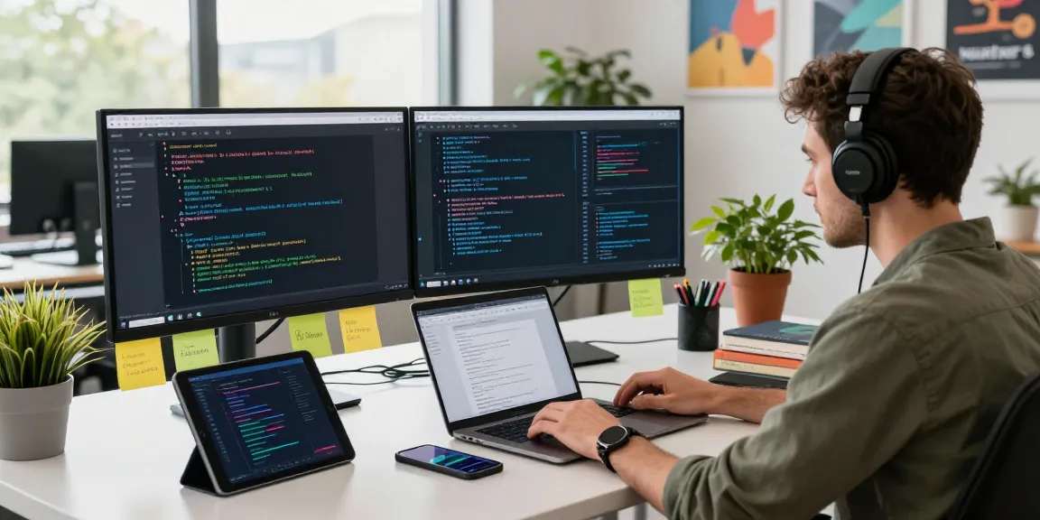 Utvecklare som arbetar med antidetect browser i en modern arbetsmiljö med flera skärmar och teknikprylar.