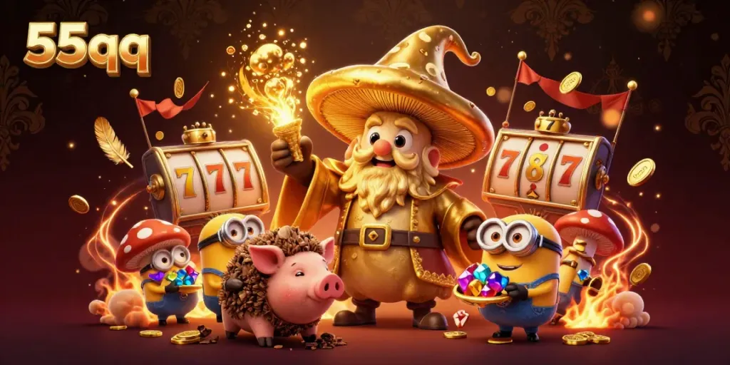 55qq's enchanting casino scene features a golden mushroom wizard conjuring magic alongside treasure-hunting characters.