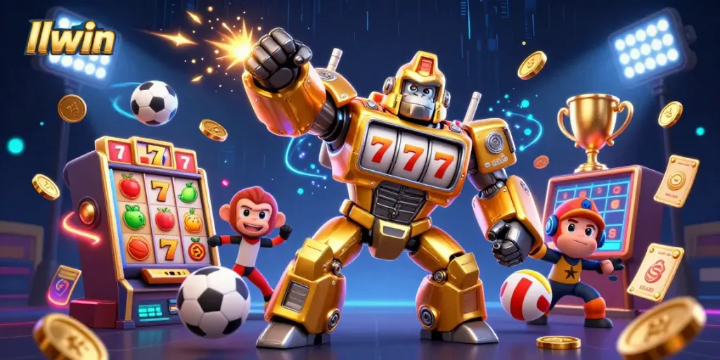 Experience the excitement of llwin with a dynamic 3D casino illustration showing a gorilla mech and sports elements.