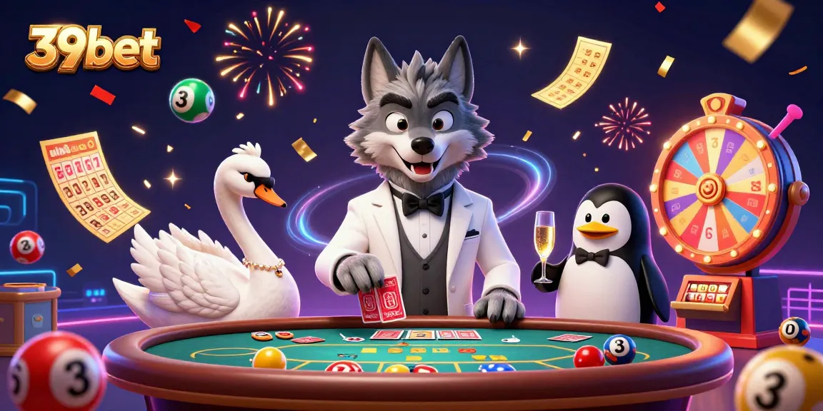A 3D cartoon scene showcasing 39bet with characters enjoying a baccarat game and vibrant gambling elements.