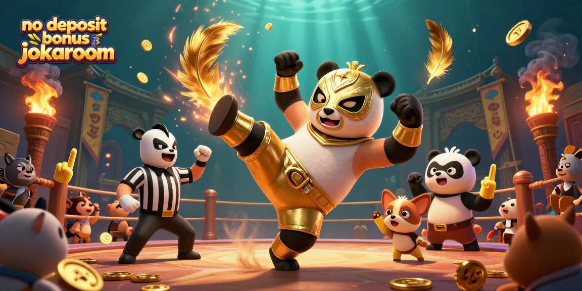 Experience thrilling action at the no deposit bonus casino jokaroom with a panda wrestler and excited crowd.