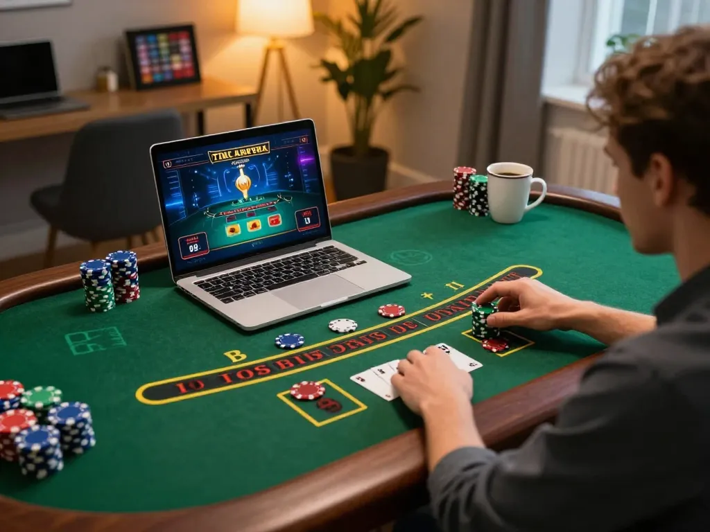 G28 online player engaging in a live dealer blackjack game, showcasing vibrant chips and a strategic approach.