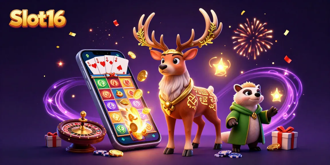 Spin to win with Slot16 in a vibrant 3D casino scene featuring dynamic game elements.