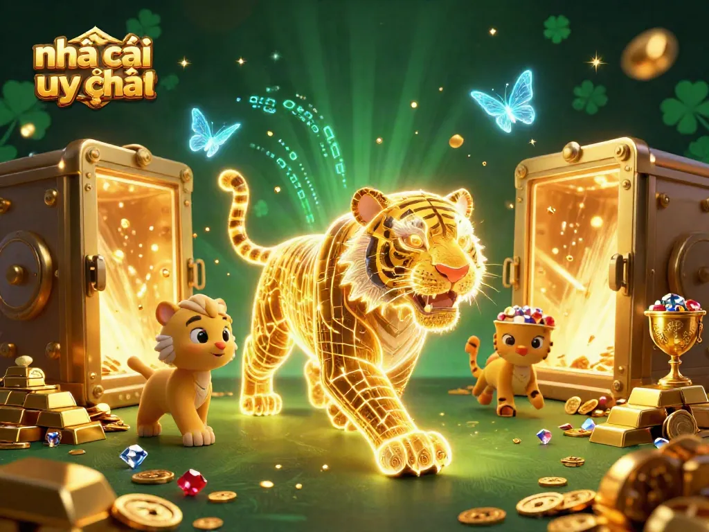 Experience the excitement of an online casino with nhà cái uy tín showcasing a vibrant neon tiger amidst shimmering treasures.