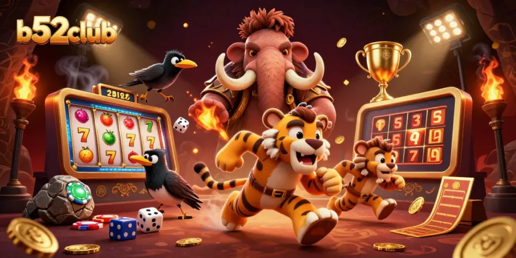 b52club features a vibrant 3D casino scene with a caveman and sabertooth tiger playing slots.