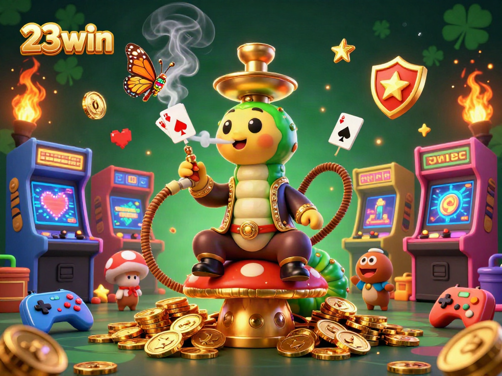 Engage with 23win's vibrant 3D illustration showcasing casino excitement with colorful arcade elements and a charismatic caterpillar character.