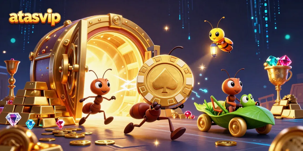 Experience thrilling games at atasvip, featuring ants in a dynamic heist with giant poker chips and dazzling treasures.