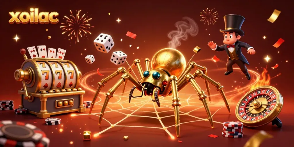 Experience the thrill of xoilac with a steampunk spider and Victorian fly, in a rich casino-themed scene.