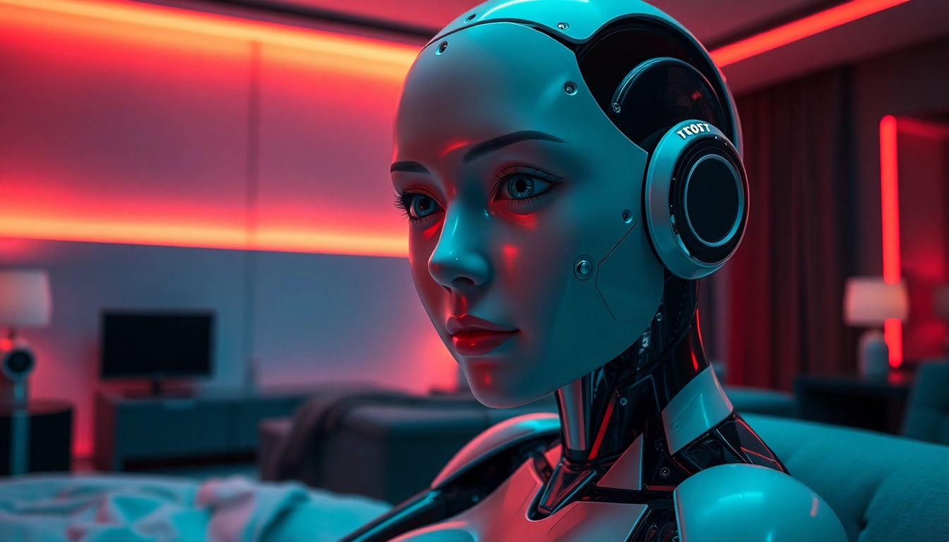 Humanoid sex bot with realistic features in a modern bedroom ambiance