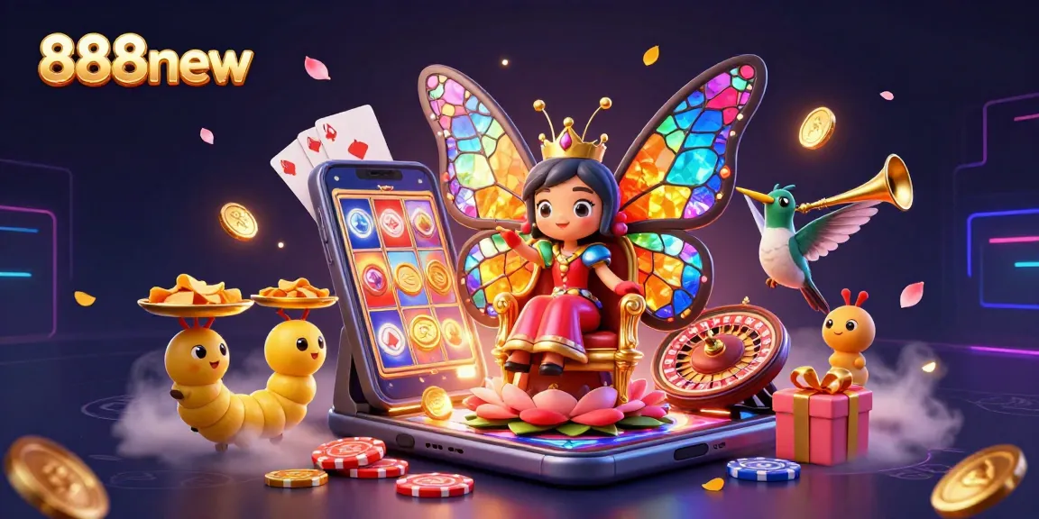 Experience the vibrant world of 888new with a charming butterfly queen and casino games in a dazzling 3D scene.
