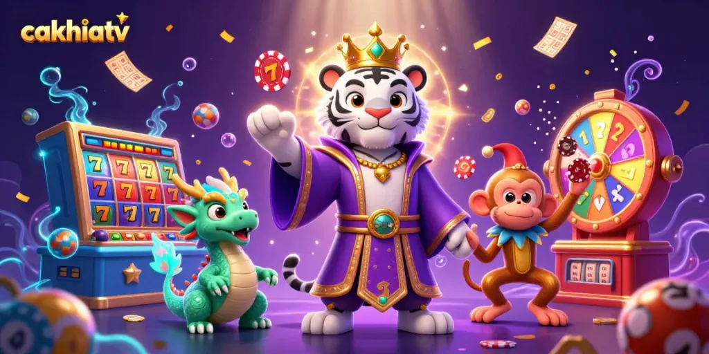 Experience the excitement of cakhiatv with vibrant jackpots and dynamic casino elements in a colorful scene.