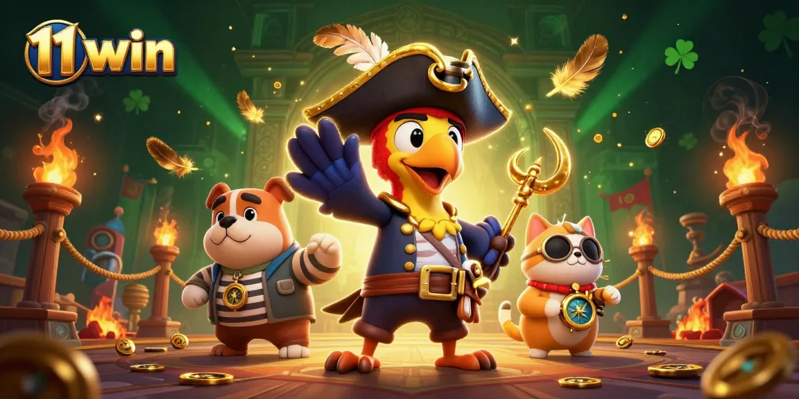 Join the 11 win adventure with a pirate parrot, bulldog, and cat navigator amidst thrilling casino elements.