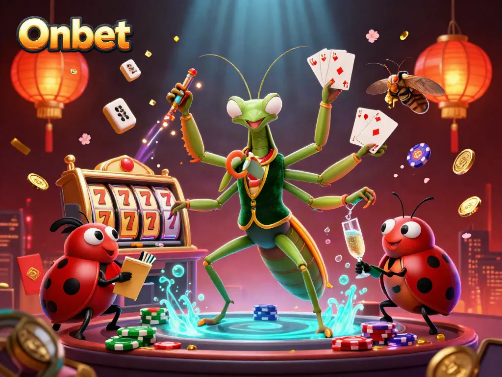 Experience Onbet's vibrant gaming scene with a lively 3D casino atmosphere showcasing action-packed characters.