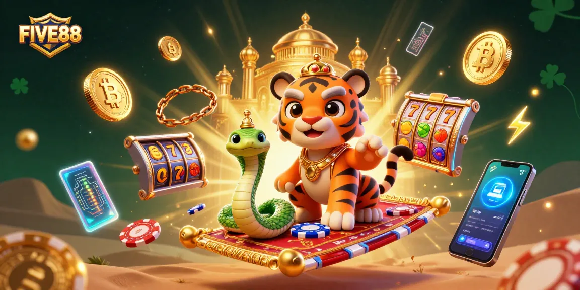Experience the thrill of FIVE88 with a vibrant scene of winning slots and golden treasures