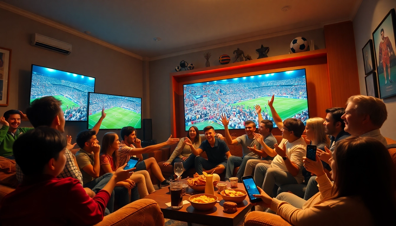 Cakhia TV fans enjoying a live football match with excitement in a cozy setting.