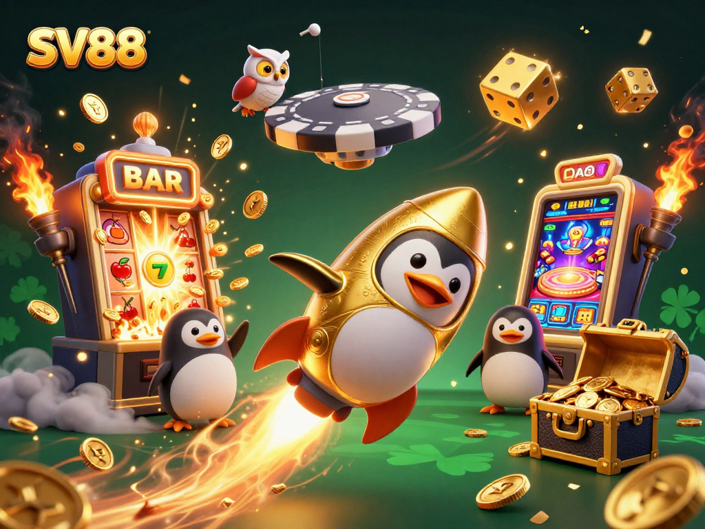 SV88 invites players to wager with excitement, featuring a dynamic 3D casino scene full of treasures.