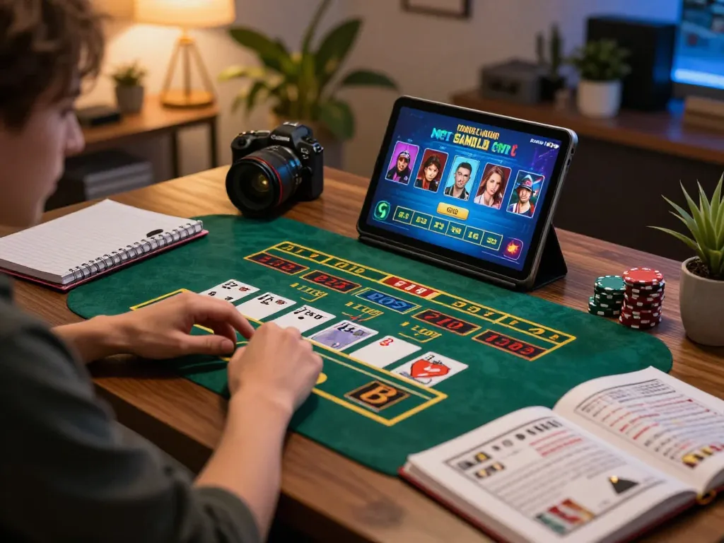 Engaged player using 88BET app for online gambling strategy in a cozy home office.