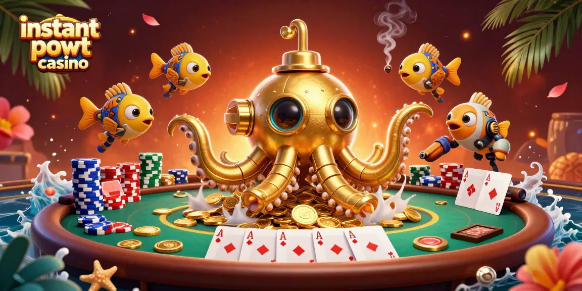 Experience instant payout casino thrills with a golden kraken submarine amidst poker excitement.