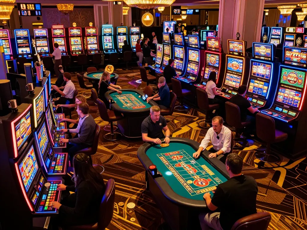 VA88 players celebrating wins at vibrant casino slot machines and roulette tables
