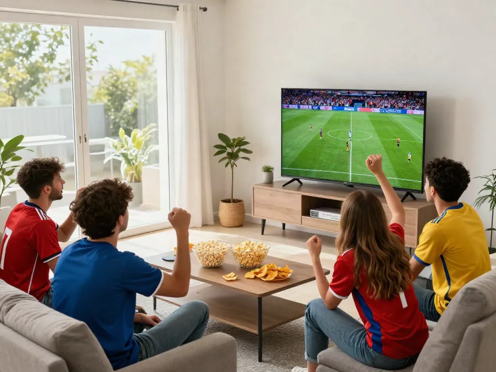 Fans enjoying a live match on xoilactvx.me in a cozy living room.