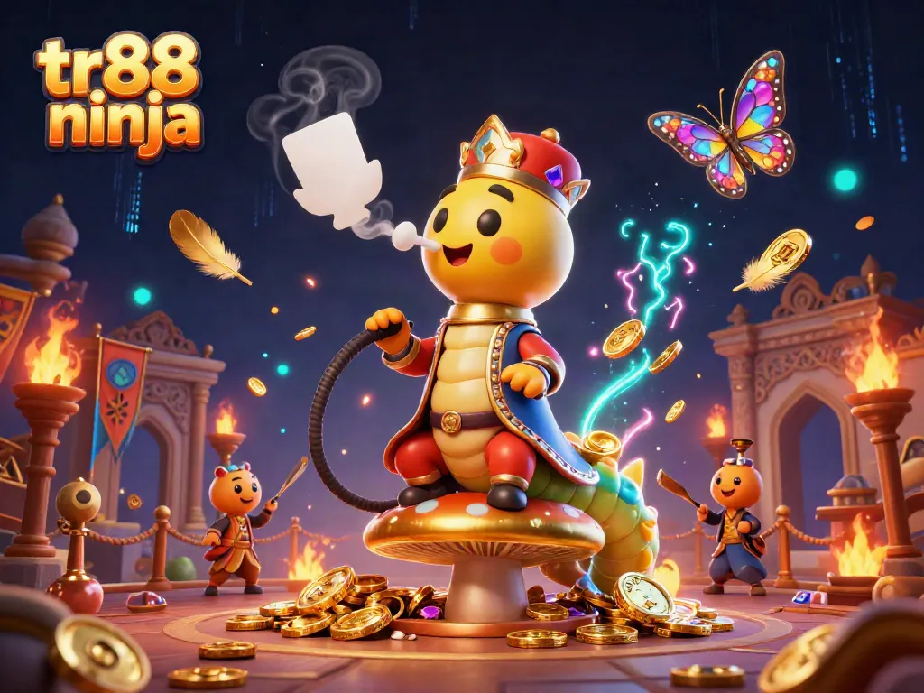 Engaging scene showcasing tr88 ninja with a caterpillar master and magical elements in a vibrant casino setting.