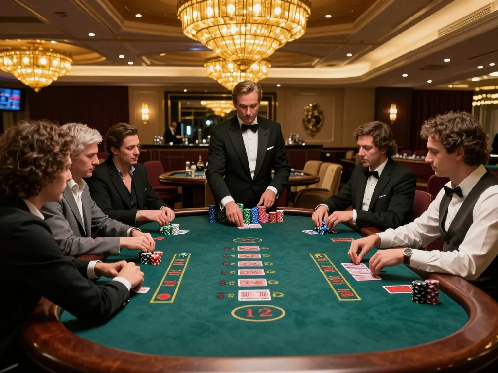 Experience thrilling gameplay at 79KING with focused blackjack players and professional dealer in an upscale casino.