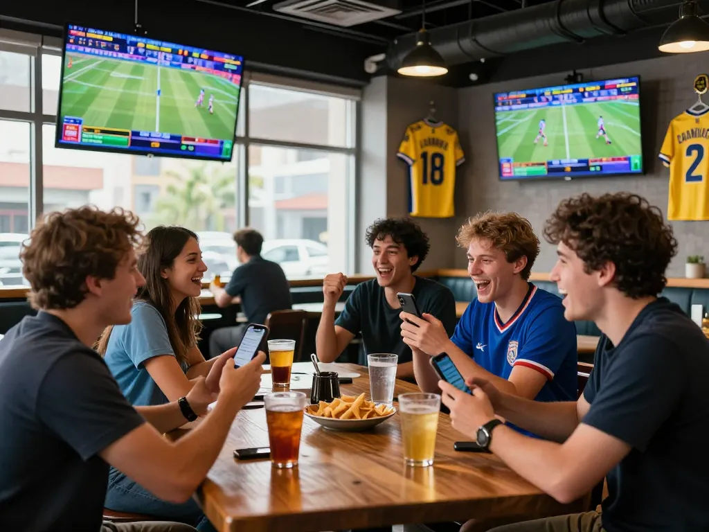 WIN88 users placing bets on smartphones while enjoying live sports in a vibrant sports bar.