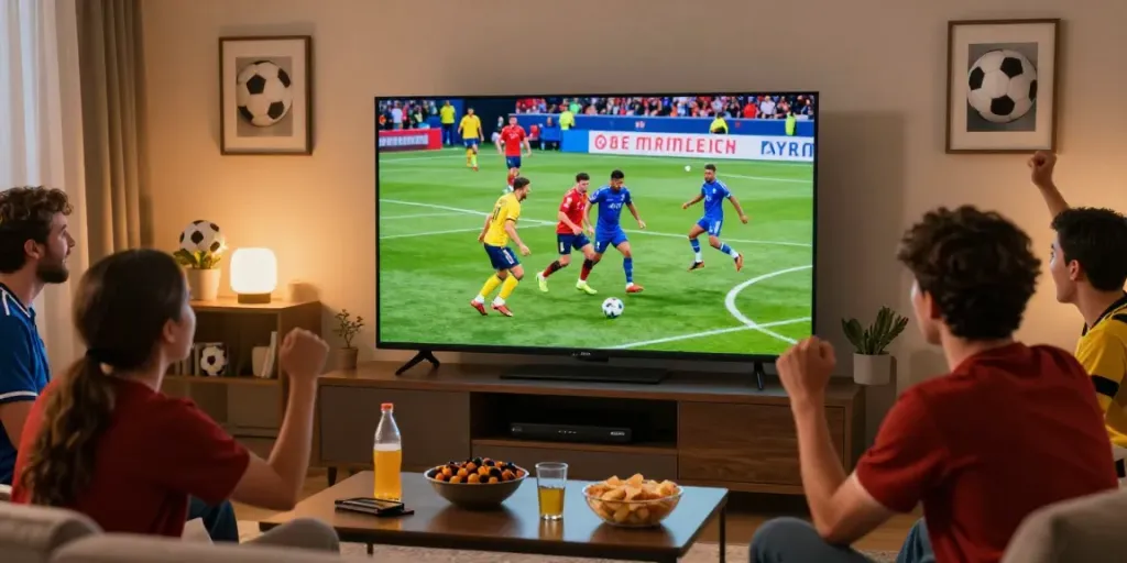 Home soccer viewing party with fans cheering for CakhiaTV live broadcasts.