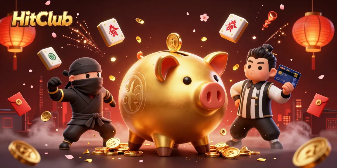 HitClub offers a thrilling experience with a golden piggy bank sumo wrestler, vibrant energy and dynamic casino elements.