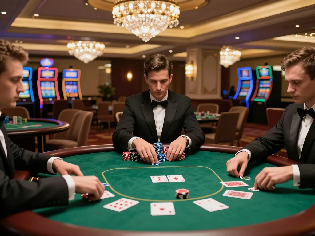 88fc players engaging in a thrilling poker game at a luxurious casino table with vibrant surroundings.