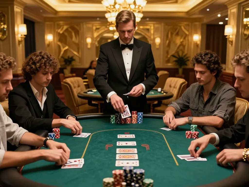 SV368 players intensely engaged in a high-stakes poker game at a luxurious casino table.