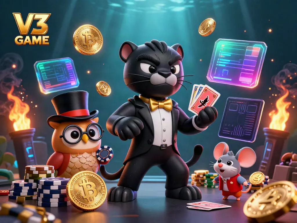 Engage with thrilling V3 GAME action featuring a stylish panther, an owl, and a lucky mouse amidst vibrant gaming elements.