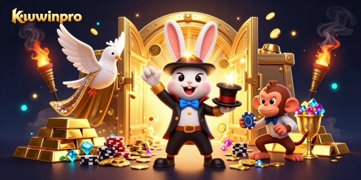 Win big playing at kuwinpro with a magician rabbit, dove, and monkey in a casino treasure scene.