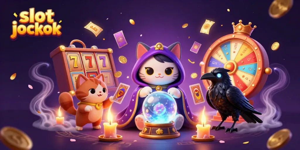 Experience the thrill of the slot jackpot with an enchanting illustration of a mystical cat and tarot raven.