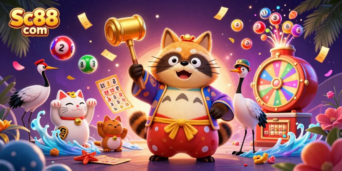 Engage with exciting games at Sc88 com while colorful elements create a vibrant atmosphere in this lively casino scene.