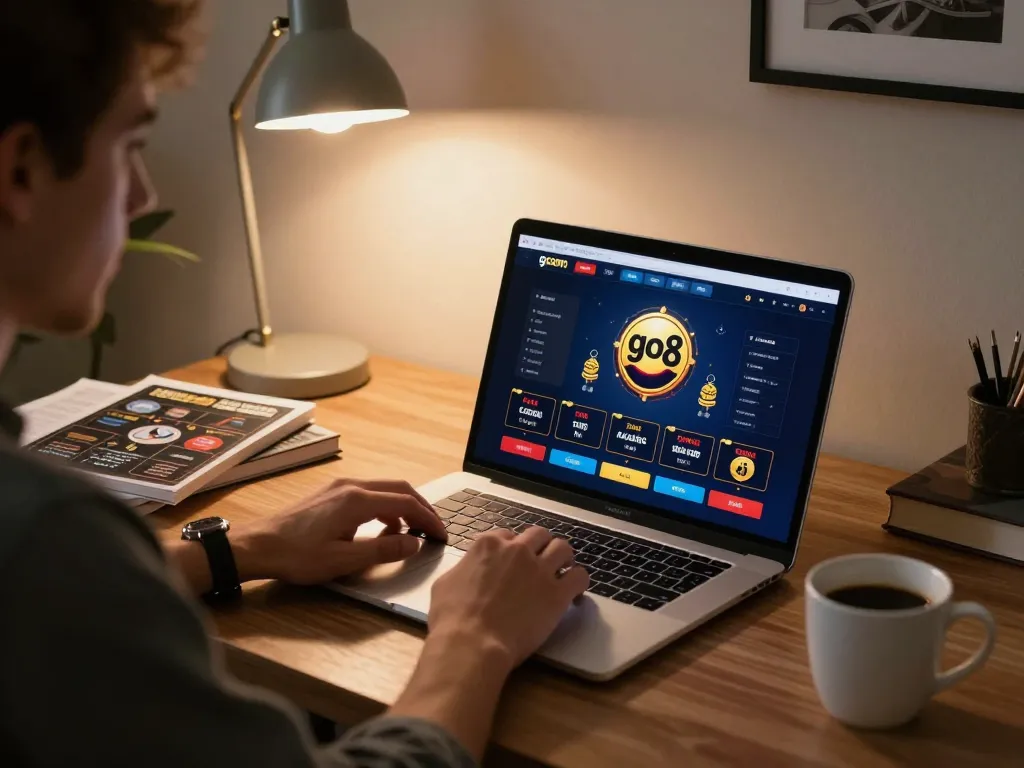 Engaging online casino gaming on go8 com from a stylish home office with cozy lighting.
